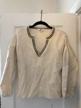 Madewell Wool Blend Cream V-Neck Pullover with Green Striped Trim size XS